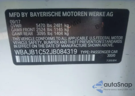 2018 BMW 530E xDrive Iperformance из США, поврежденный, VIN WBAJB1C52JB084319